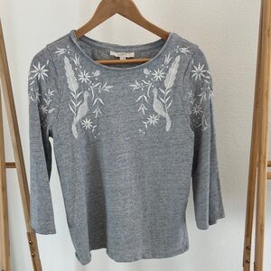 LOFT Heather Gray Floral Embroidered Top